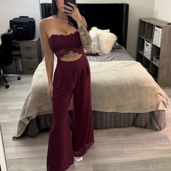Plum Burgundy Wide Leg Strapless Jumpsuit - Picture 3 of 3